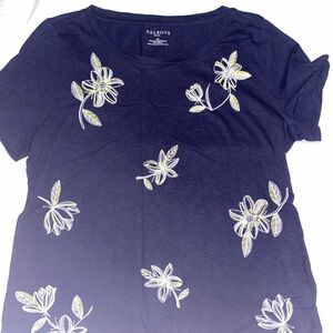 Talbots Navy Short-Sleeve Tee with Cream Floral Embroidery